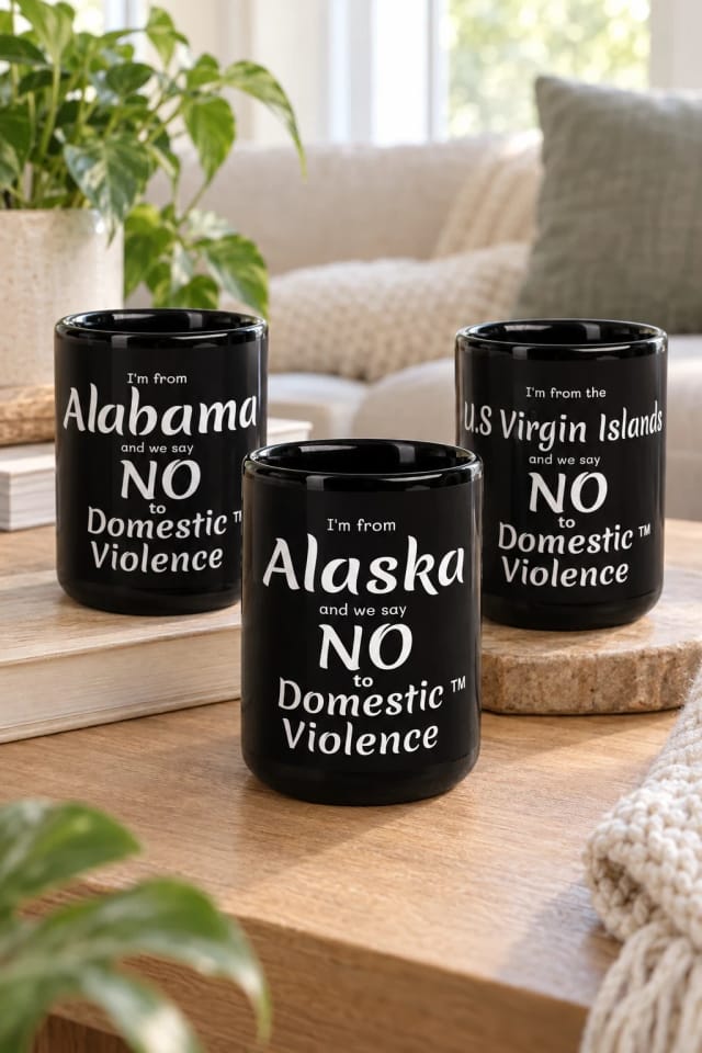 CARIBBEAN APPAREL Black Glossy Mug, Mug - Alabama and Mug - Alaska in a bright home