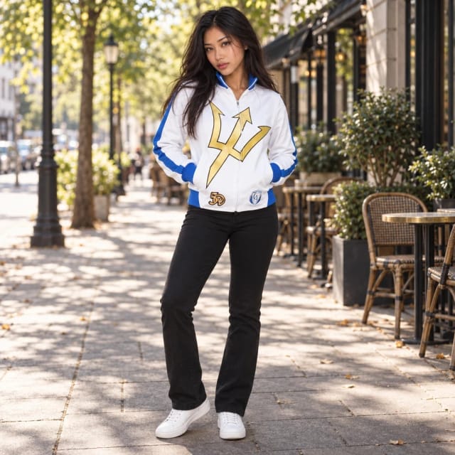 CARIBBEAN APPAREL Barbados Track Jacket worn by Yuki, Trovemont's virtual model (AI-generated)