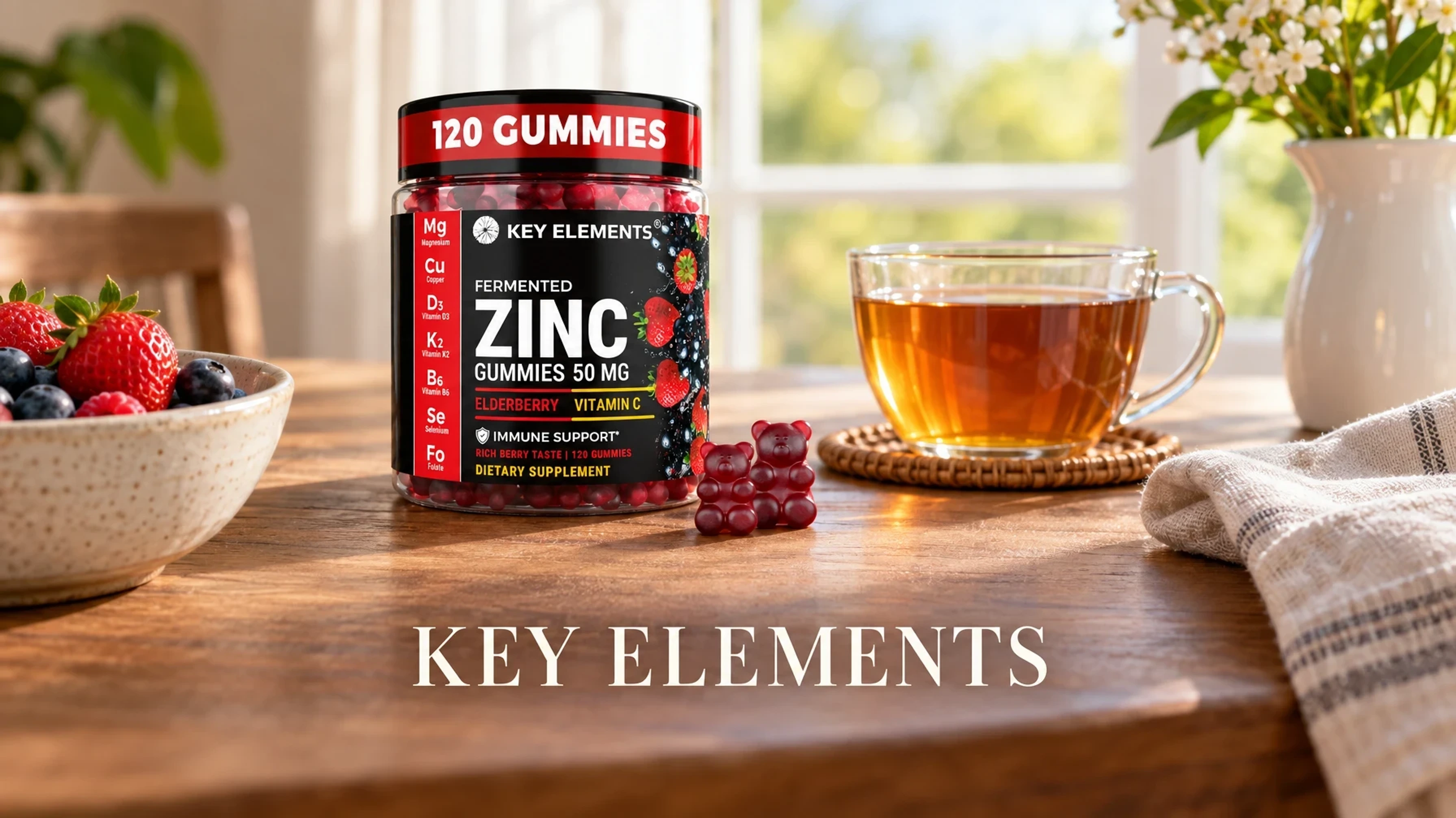 KEY ELEMENTS Immune Support Zinc Gummies 50mg with Elderberry Vitamin C and Zinc Supplements Natural Antioxidant in a sunlit kitchen