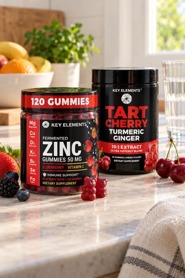KEY ELEMENTS Immune Support Zinc Gummies 50mg with Elderberry Vitamin C and Zinc Supplements Natural Antioxidant and Recovery Tart Cherry Gummies with Turmeric & Ginger for Joint & Muscle Support jars in a sunlit kitchen