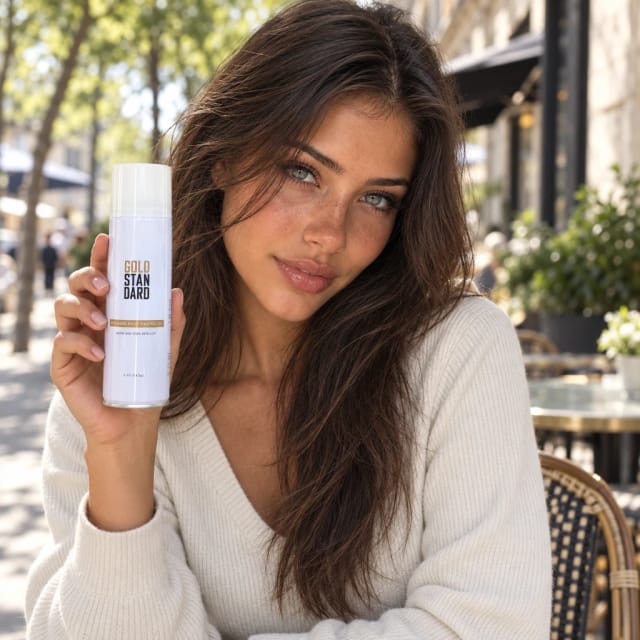 Gold Standard 5 oz. Premium Sneaker Protector Spray presented by Rebecca, Trovemont's virtual model (AI-generated)