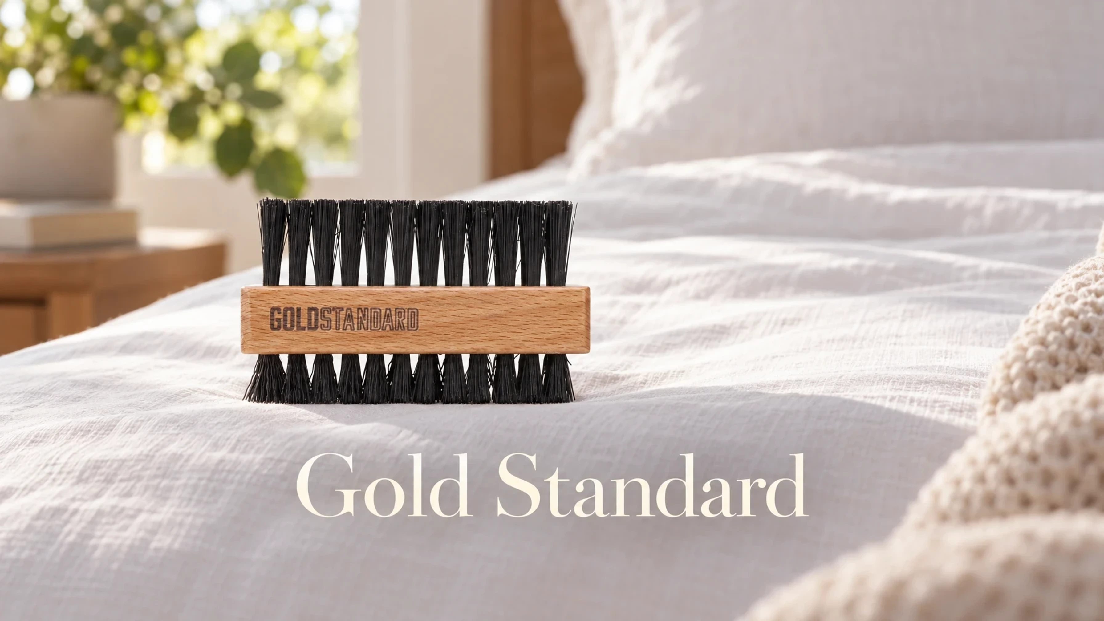 Gold Standard Premium Double Sided Shoe Cleaning Brush in a sunlit boutique