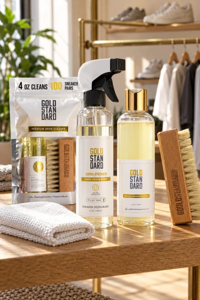 Premium Shoe Cleaner Kit Brush and Solution, Gold Standard Natural Shoe Deodorizer Spray 6 Oz. - Citrus Burst and Premium Shoe Cleaner Kit Brush, Microfiber Towel and Solution in a sunlit boutique