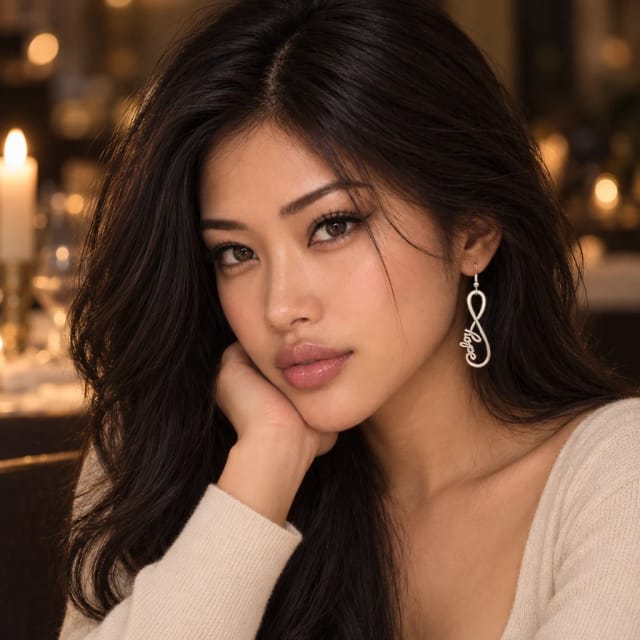 Kingdom Jewelry Infinite Hope Earrings worn by Yuki, Trovemont's virtual model (AI-generated)