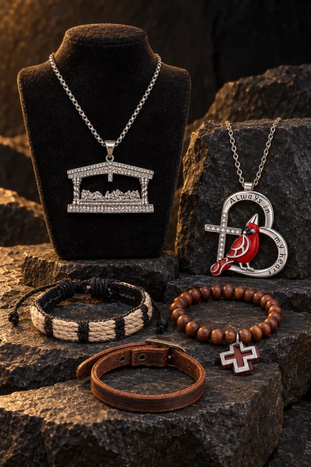 Kingdom Jewelry Communion Last Supper Necklace, All Natural Cross Bracelet Set and Always in My Heart Cardinal Necklace on dark basalt ledges