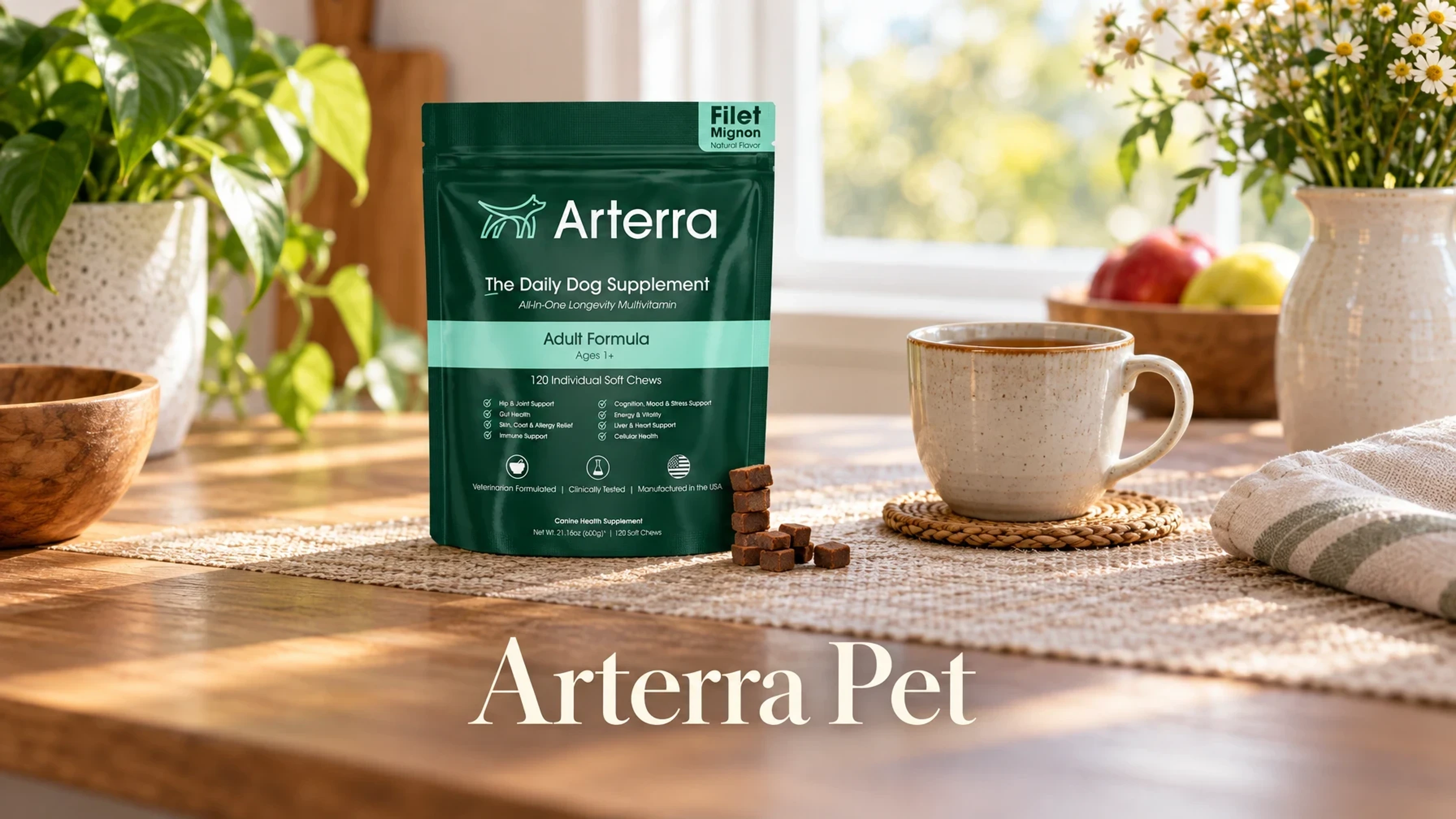 Arterra Pet Adult Longevity Multivitamin in a sunlit kitchen