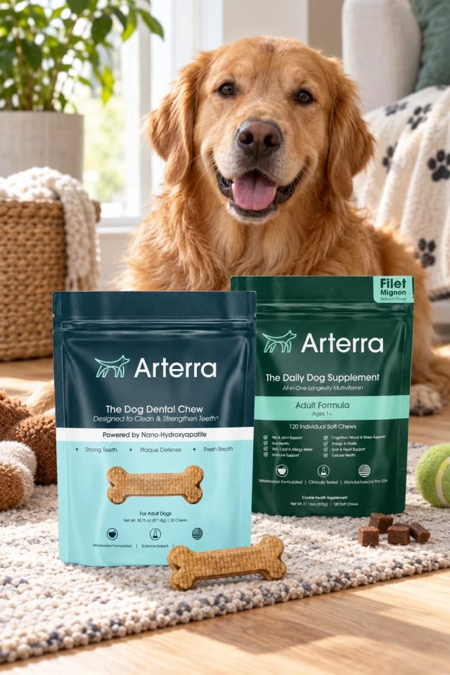 Arterra Pet The Dog Dental Chews and Adult Longevity Multivitamin in a bright home