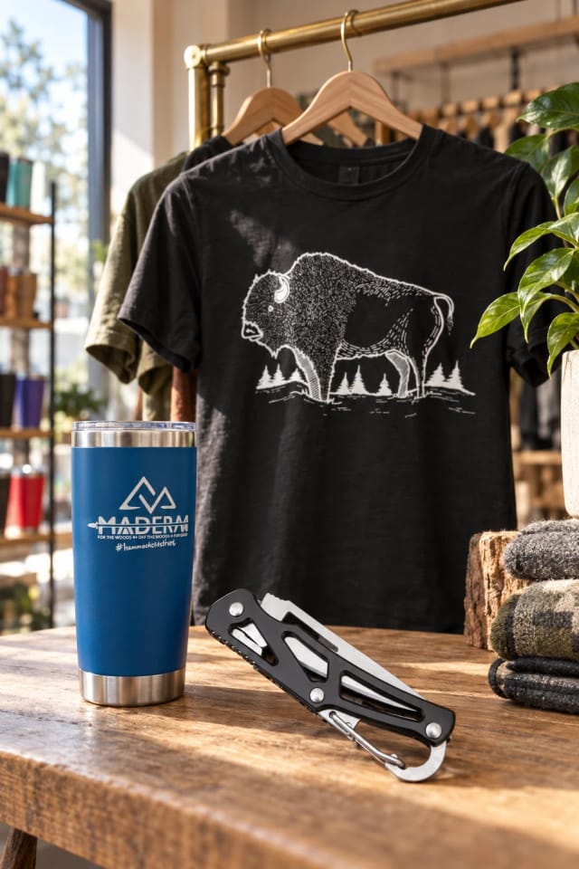 Madera Outdoor Monthly Shirt & Tree Planting 76% off 1st Month, Ridge Knife and Thermos in a sunlit boutique