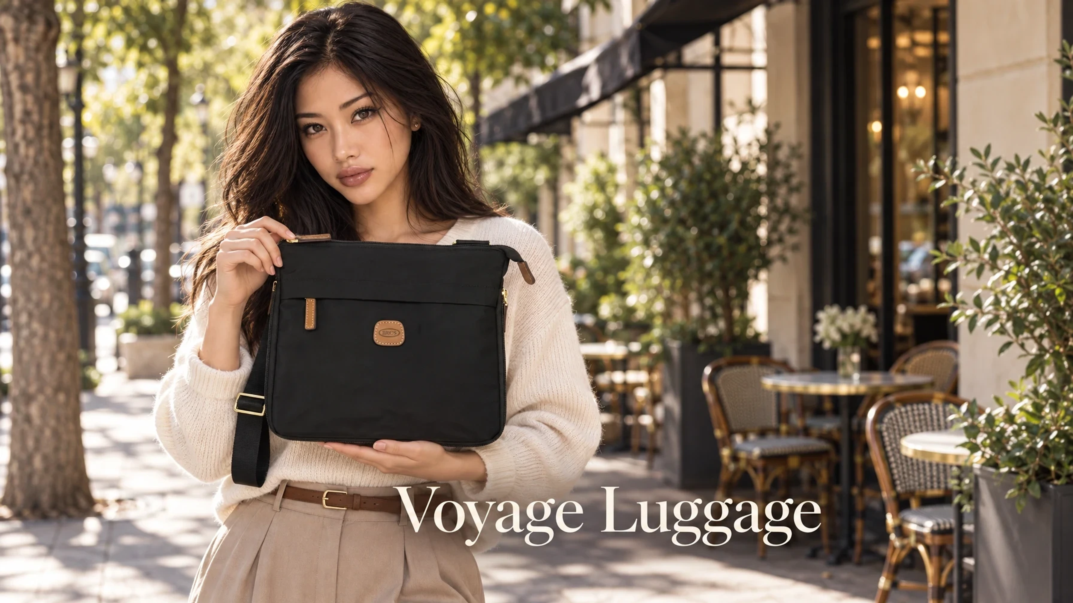 Voyage Luggage bags presented by Yuki, Trovemont's virtual model (AI-generated)