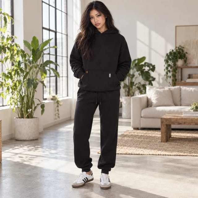 Voyage Luggage Cloudburst Hoodie worn by Yuki, Trovemont's virtual model (AI-generated)