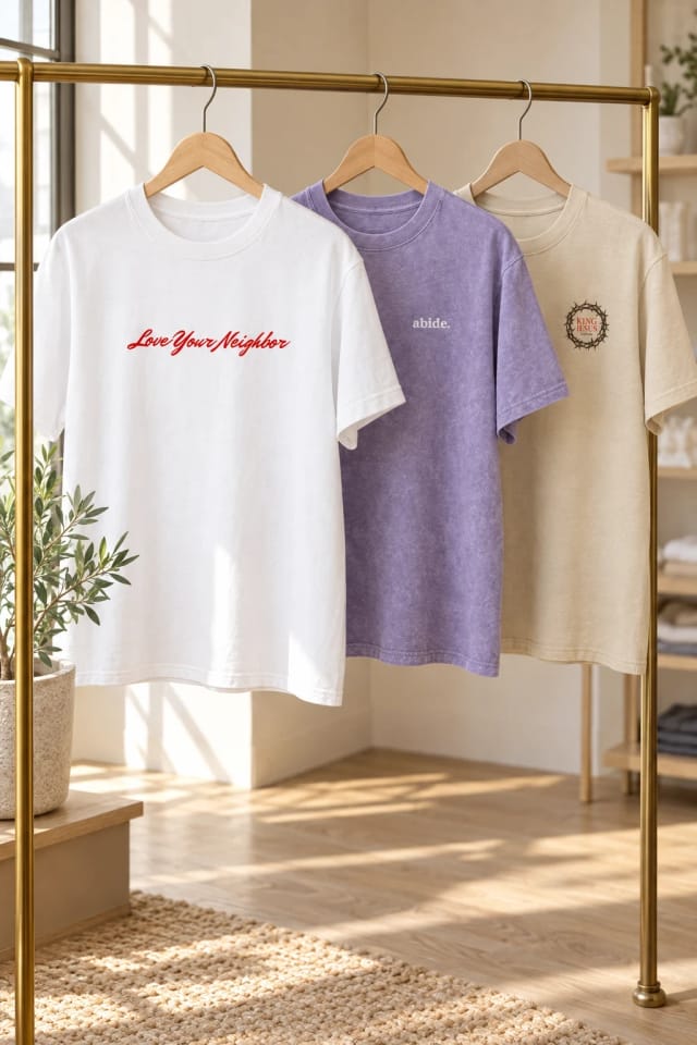 King Jesus Clothing – Oversized T-Shirt, abide – Embroidered Heavyweight T-Shirt and Love Your Neighbor – Oversized T-Shirt in a sunlit boutique