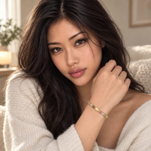 nocteliapearl.com Dazzling Handmade Custom Bracelet, 14K Gold-Filled, Sterling Silver, Stainless Steel worn by Yuki, Trovemont's virtual model (AI-generated)