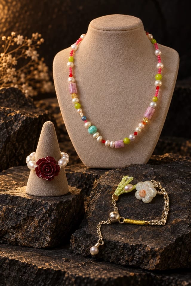 nocteliapearl.com 14K Gold-Filled Elegant Lunar Rose Ring, Sterling Silver EARLY MORNING Adjustable Ring with Swaying Flower & Pearls & Handwoven Thread and 14K Gold-Filled Eye-catching HOLIDAY Necklace with Lucky Clover Buckle & Baroque Pearls on dark basalt ledges