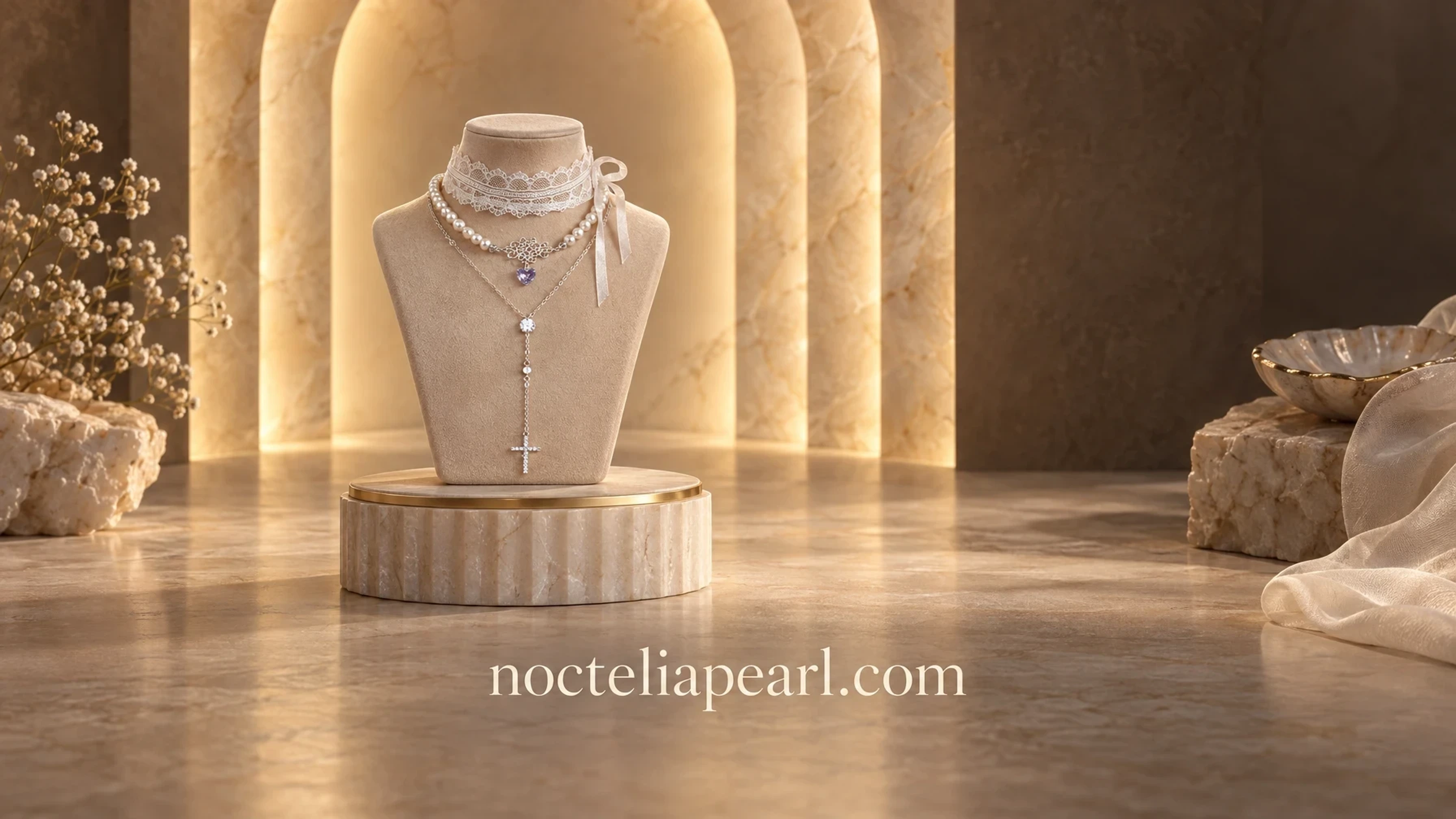 nocteliapearl.com Sterling Silver Unique SAINT LIORA Pearl Cross Necklace on a jewelry stand set on an alabaster pedestal before backlit alabaster arcs