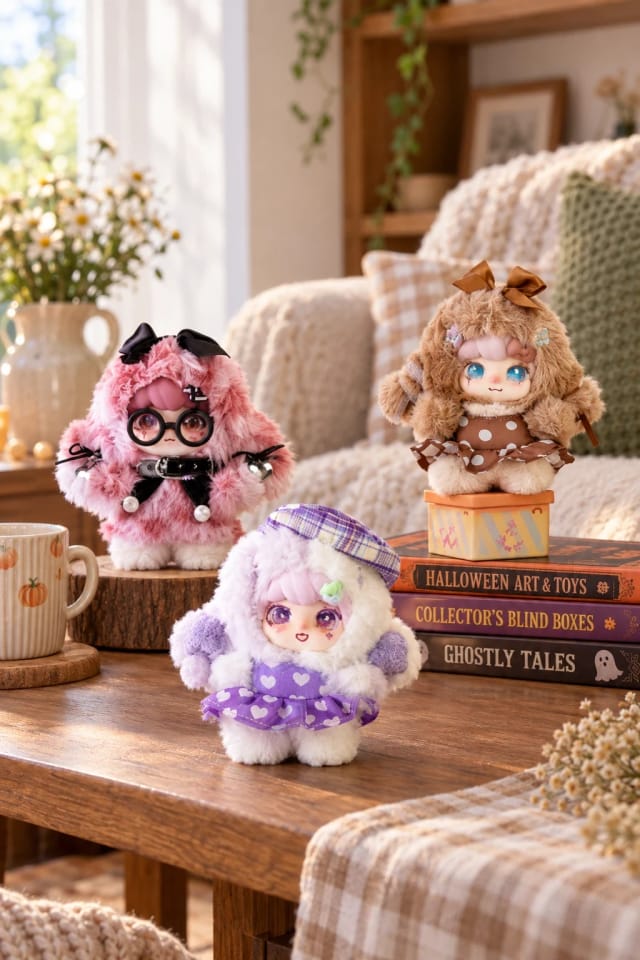 Lokikibox Sweet Power Sweet Themed Plush Blind Box Desktop Decor, LOKIKI Trick Or Together Plush Blind Box Desktop Toy and Tomorrow Flower House Fluffy Rabbit Blind Box Ornament in a bright living room
