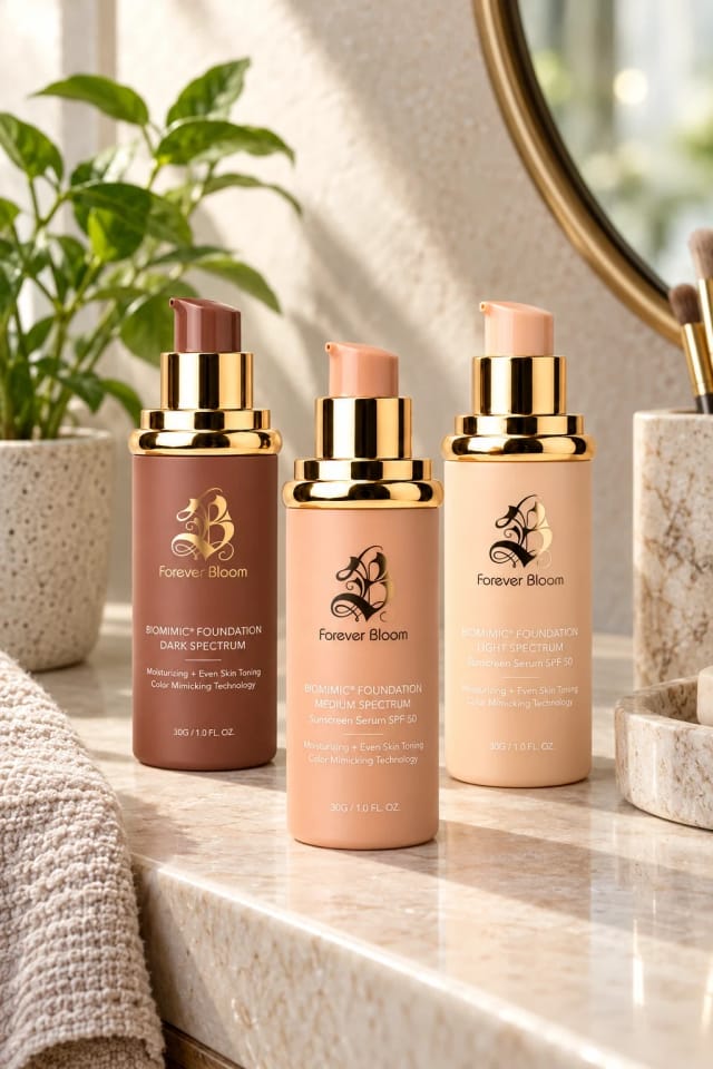 Forever Bloom Biomimic® Foundation 4 in 1 Medium Spectrum, Dark Spectrum and Light Spectrum bottles in a bright home