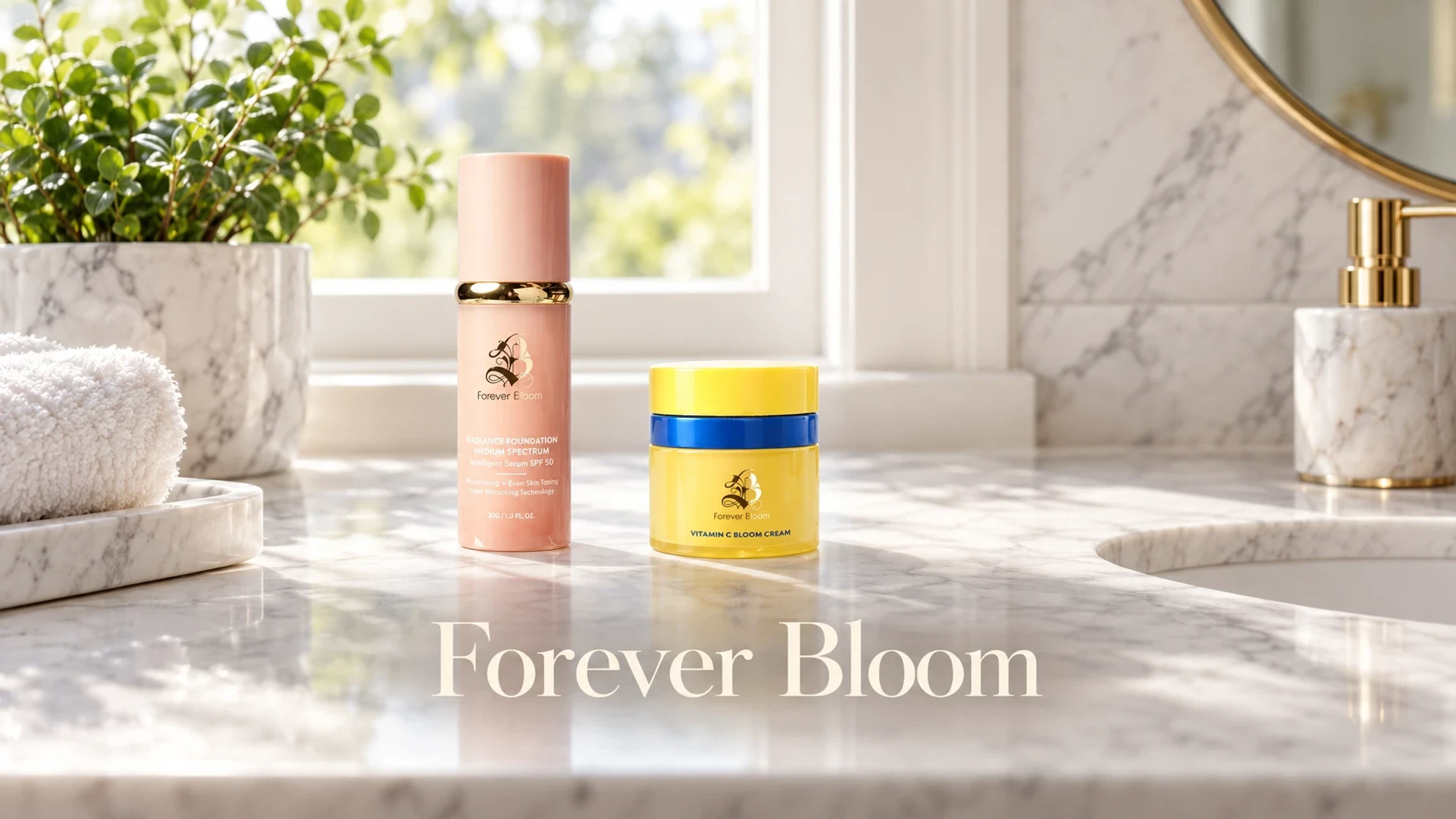 Forever Bloom BioMimic® Foundation Medium Spectrum and Vitamin C Bloom Cream in a bright bathroom
