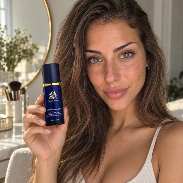 Forever Bloom EyeFinity Bloom Cream , Advanced eye cream for dark circles, wrinkles and puffiness presented by Léa, Trovemont's virtual model (AI-generated)