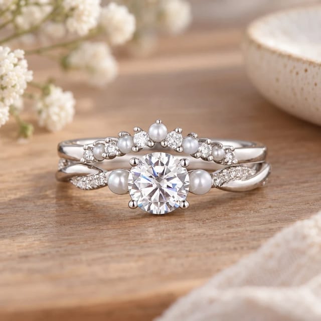 DAVID SIMSON 0.50 CT Round Twisted Pave Moissanite Bridal Ring Set
