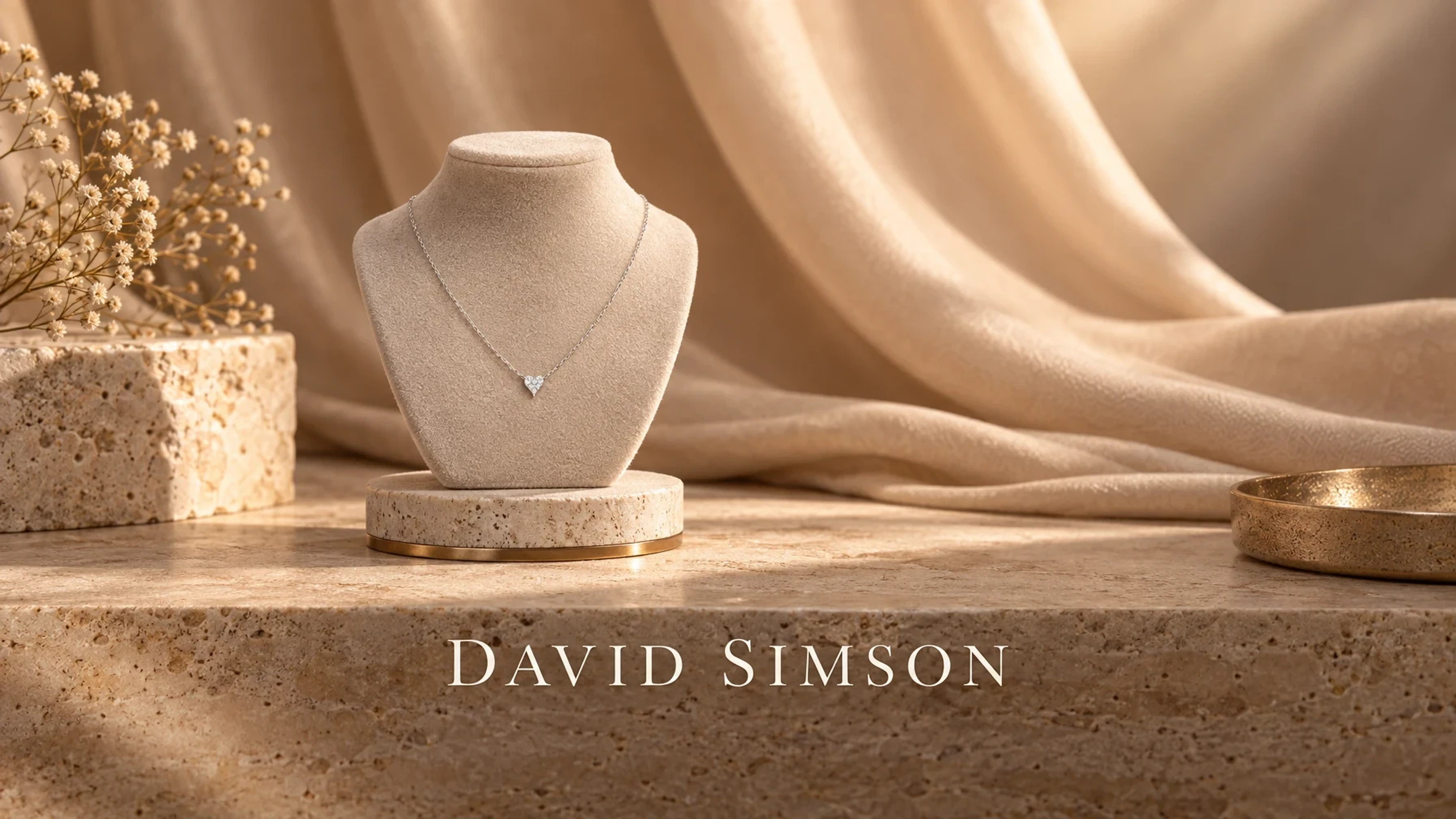 DAVID SIMSON 0.05TCW Round Moissanite Heart Necklace on a jewelry stand set on a travertine ledge before draped silk