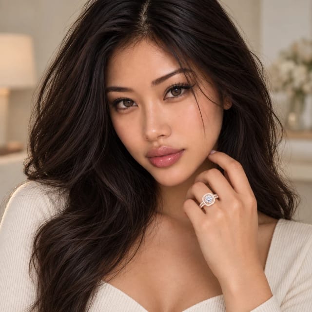 DAVID SIMSON 0.50CT-1.50CT Round Cut Moissanite Flower Halo Diamond Engagement Ring worn by Yuki, Trovemont's virtual model (AI-generated)