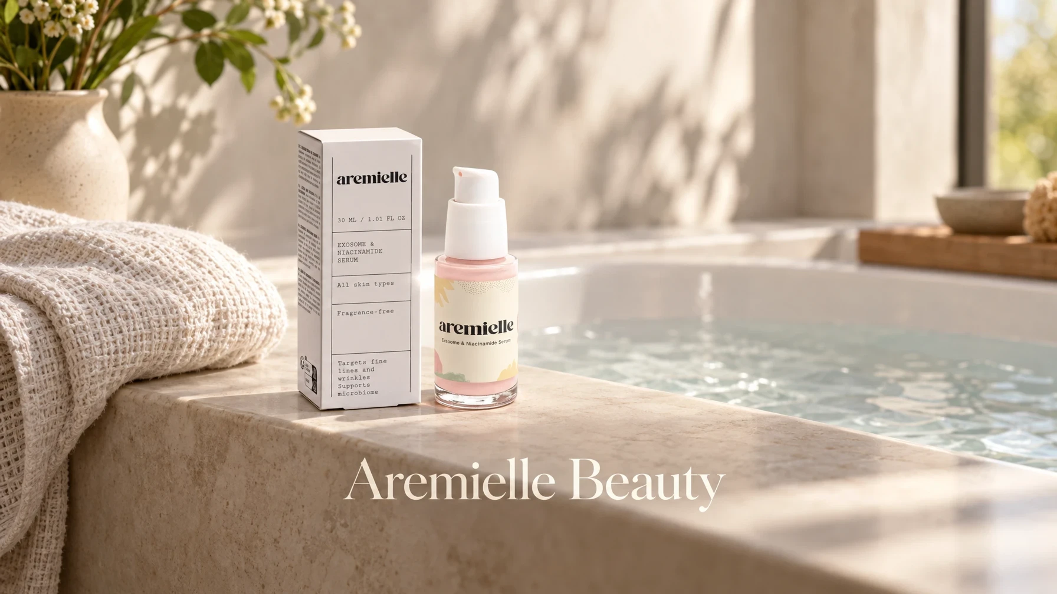 Aremielle Beauty Exosome & Niacinamide Serum bottle in a bright bathroom