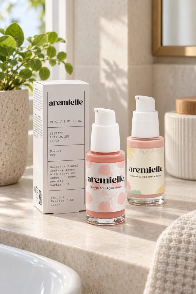 Aremielle Beauty Peptide Anti-Aging Serum and Exosome & Niacinamide Serum bottles in a bright bathroom
