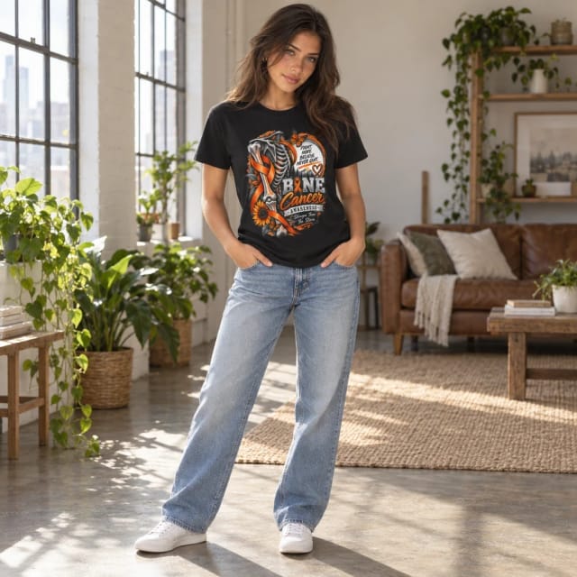Idgit Ink Bone Cancer Awareness Fight Hope Believe Never Give Up worn by Rebecca, Trovemont's virtual model (AI-generated)