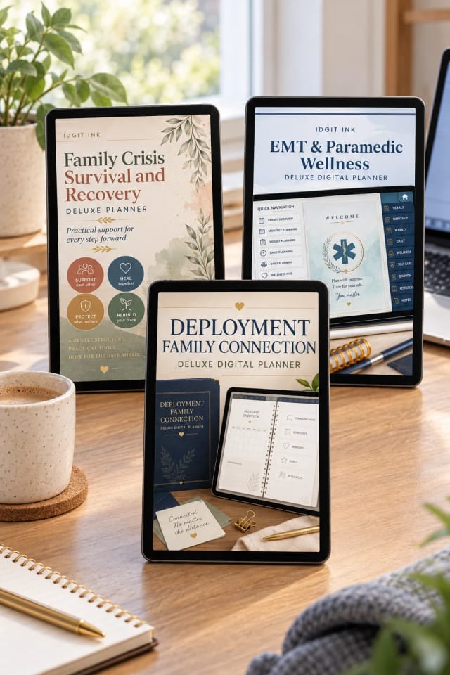 Idgit Ink Family Crisis Survival & Recovery — Basic Journal + Planner + Diary Bundle, Deployment Family Connection — Basic Journal + Planner + Diary Bundle and EMT & Paramedic Wellness — Basic Journal + Planner + Diary Bundle on a tablet on a bright desk