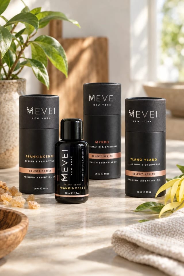 MEVEI bottles in a bright home