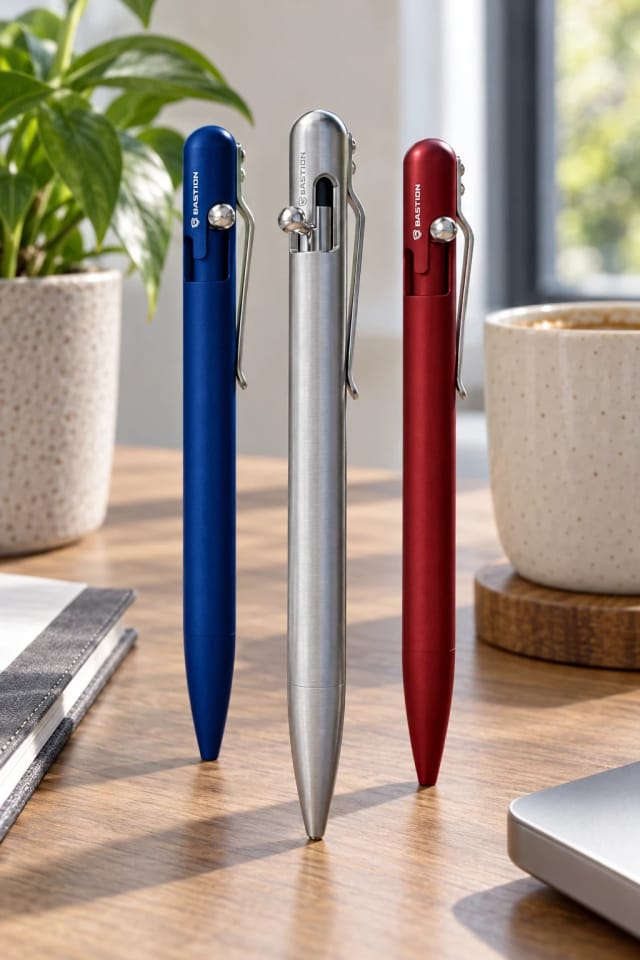 Aluminum - Slim Bolt Action Pen by Bastion®, Aluminum - Bolt Action Pen by Bastion® and Titanium - Bolt Action Pen by Bastion® on a bright desk
