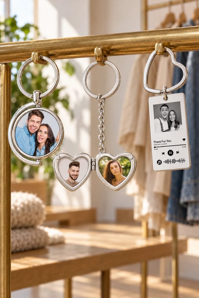 Engraved Anything Custom Photo Keychain Whirling Simple Metal Gift For Girlfriend, Keychain Double Photo Frame Heart shaped Keychain Commemorative Gift For Wife and Scannable Code Keychain Music Keychain Gift For Couples in a sunlit boutique