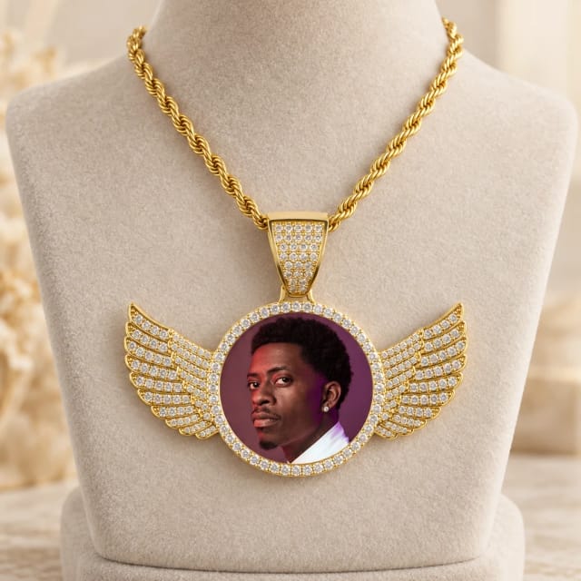 Engraved Anything Angel Wing Photo Necklace With Picture Inside – For Men – Custom Personalized Pendant
