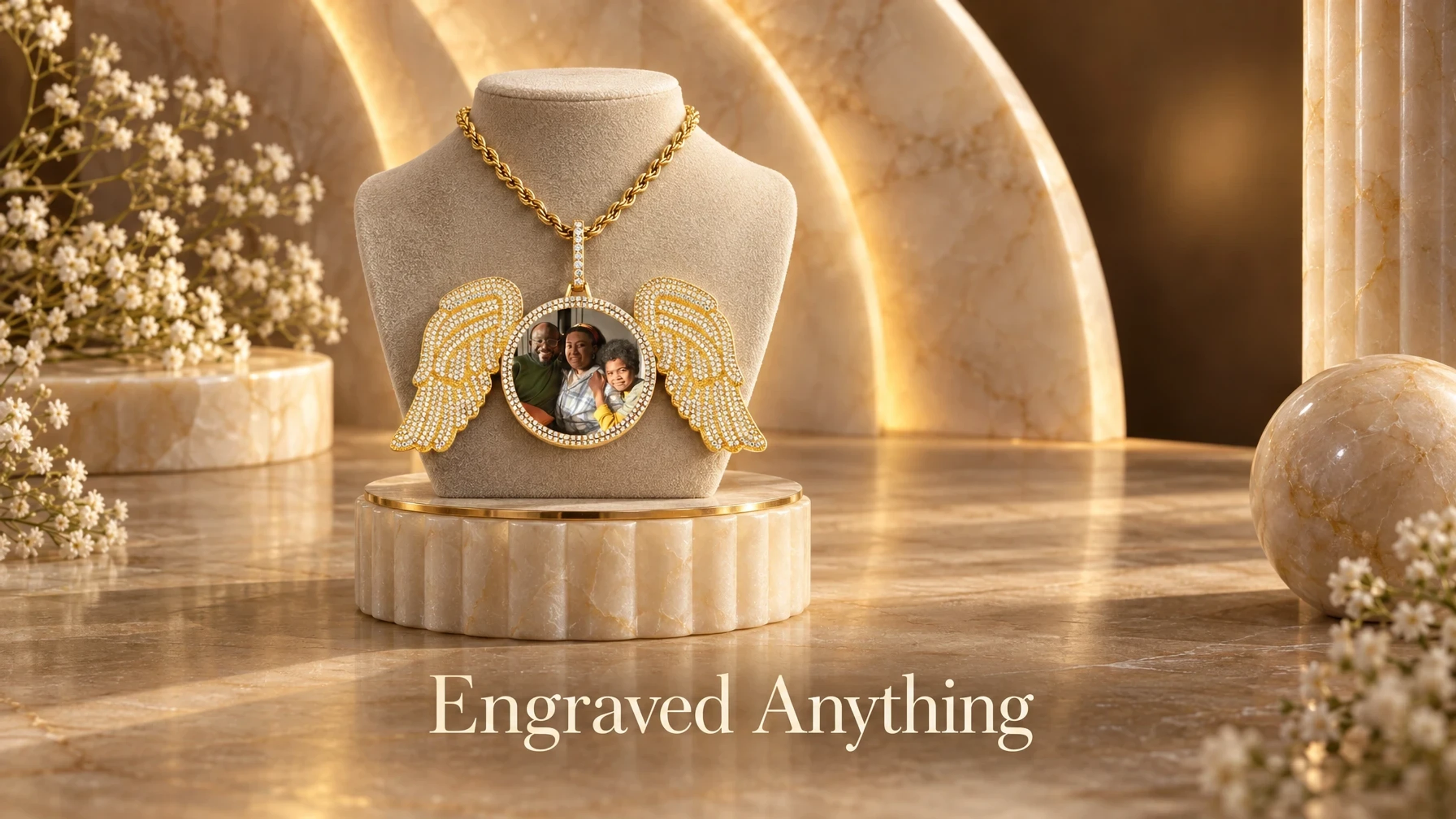 Engraved Anything Angel Wing Photo Necklace With Picture Inside – Personalized Pendant on a jewelry stand set on a travertine ledge before draped silk