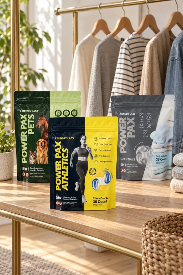 Power Pax 5-in-1, Athletic Pax – High-Performance Laundry Pods for Activewear & Sports Gear and Power Pax 5-in-1 Free & Clear Laundry Pods in a sunlit boutique