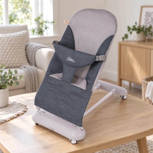Cuddobaby 4-in-1 Baby Bouncer – One Seat, Endless Use, a folding baby bouncer seat shown in a home setting
