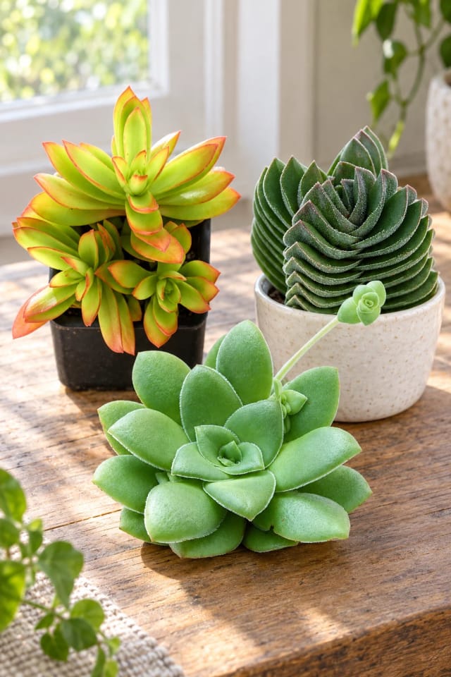 Leaf & Clay Crassula orbicularis, Crassula capitella 'Campfire' and Crassula 'Buddha's Temple' in a bright home