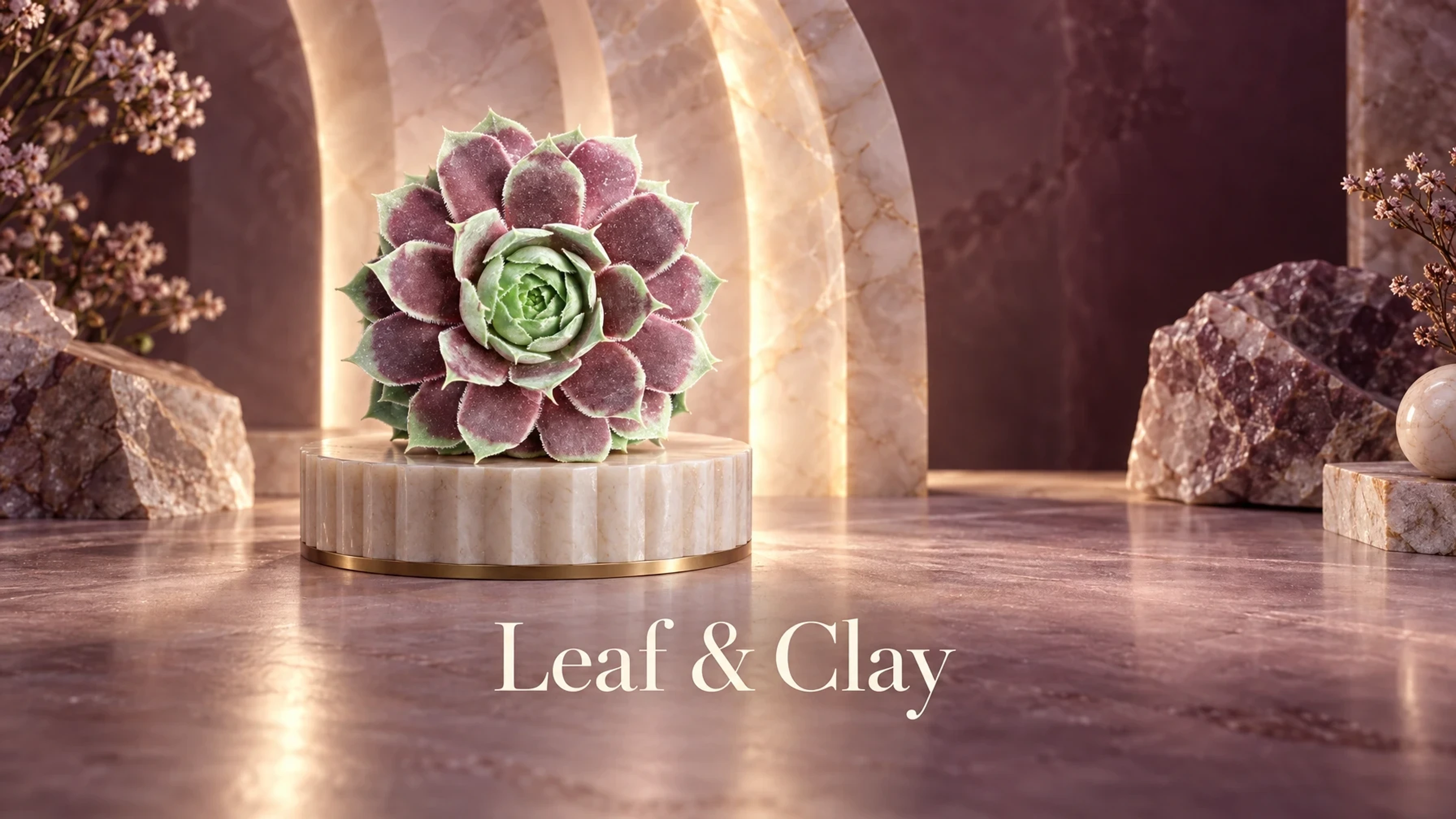 Leaf & Clay Chick Charms® Gold Crown™ on a jewelry stand set on an alabaster pedestal before backlit alabaster arcs