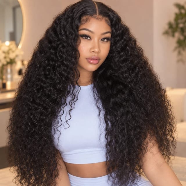 GeetaHair Ship In 24 Hours, Deep Curly Pre-cut Lace Glueless Wig Human Hair Wig Flash Sale worn by Yuki, Trovemont's virtual model (AI-generated)