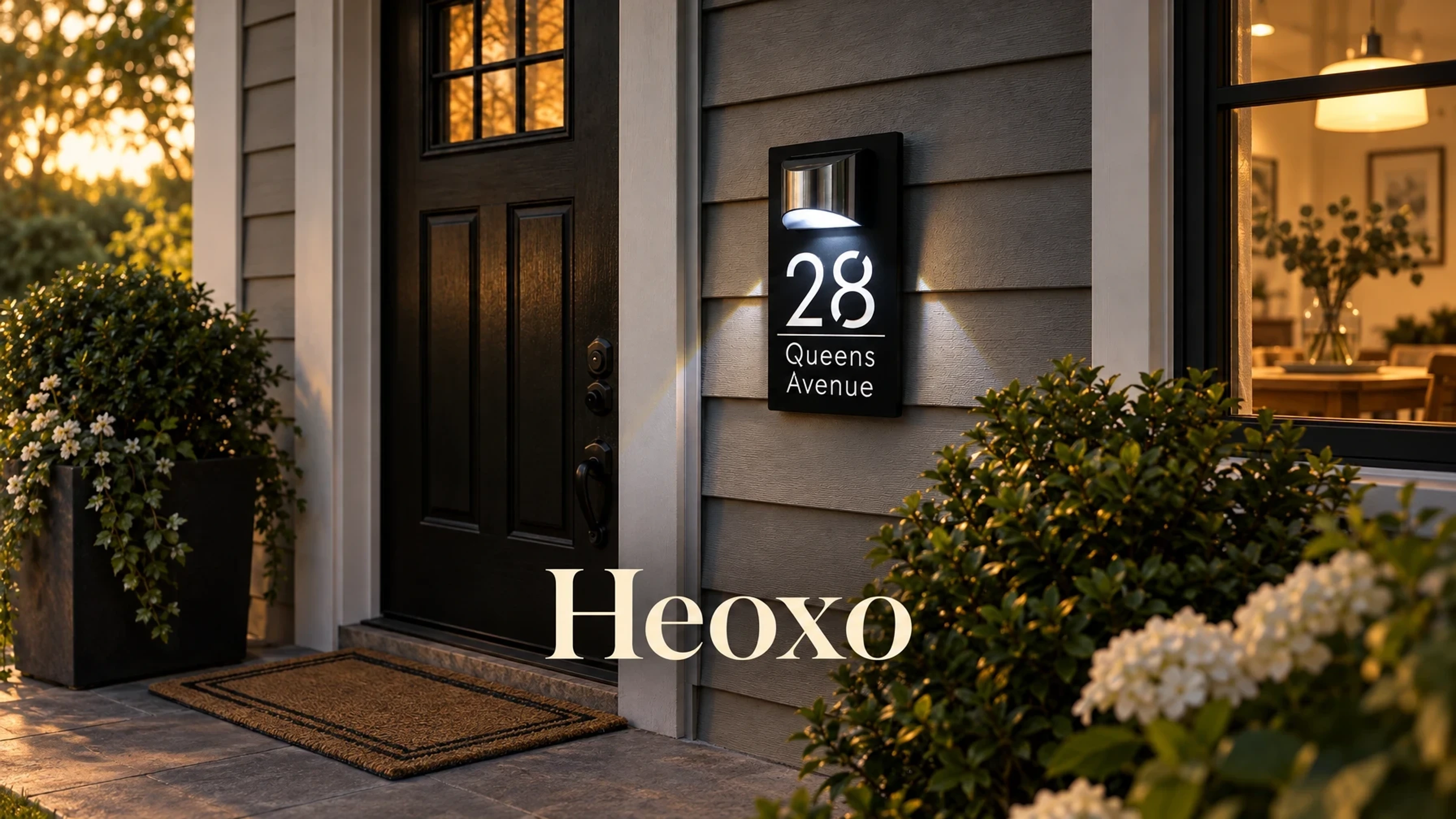 Heoxo Solar Address Sign, Custom Lighted House Numbers for Outside, LED Illuminated Personalized Address Plaque Waterproof, Door Number Wall Mounted in a bright home