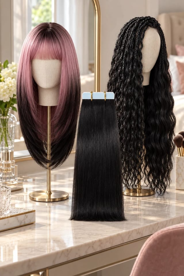 Black Pink Ombre Synthetic Wigs Long Straight Layered Wigs with Bangs for Women, #1B 16-26 Inch Tape In Human Hair Extensions 50g For Women Thin Hair 20 Pcs/Pack Jessie's Wig and #1B Deep Wave Bulk Human Hair for Braiding Hair Extensions for Boho Braids No Weft in a bright salon