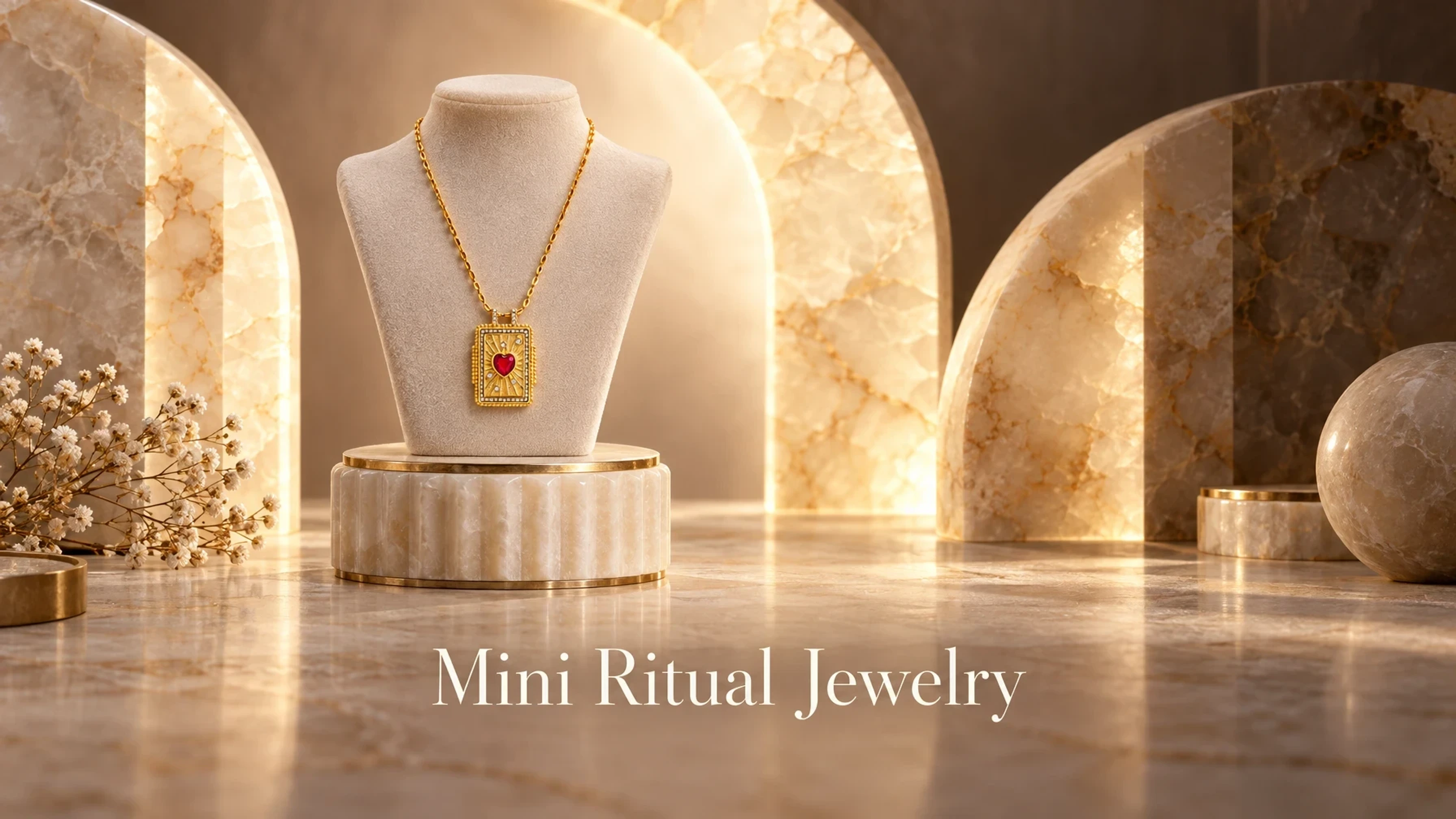 Mini Ritual Jewelry Velvet Heart Necklace on a jewelry stand set on an alabaster pedestal before backlit alabaster arcs