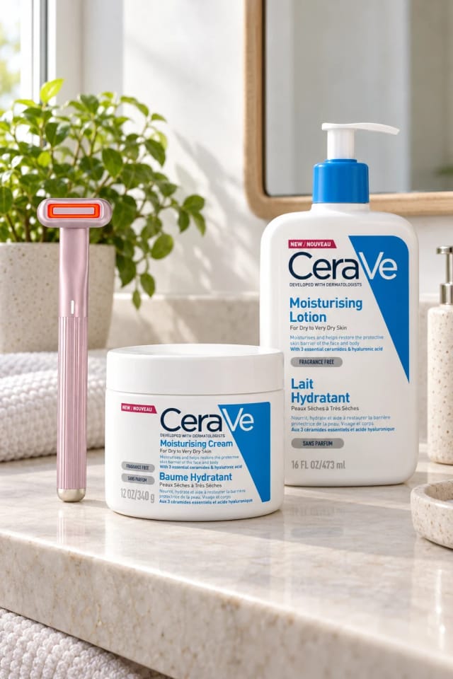 New Upgraded 360 Degrees Rotary Eye Massage Therapeutic Warmth Face Massage Red LED Light 5-in-1 Skincare Tool Wand, CERAVE Moisturising Lotion 473 ml and CERAVE Moisturising Cream 340 g in a bright bathroom