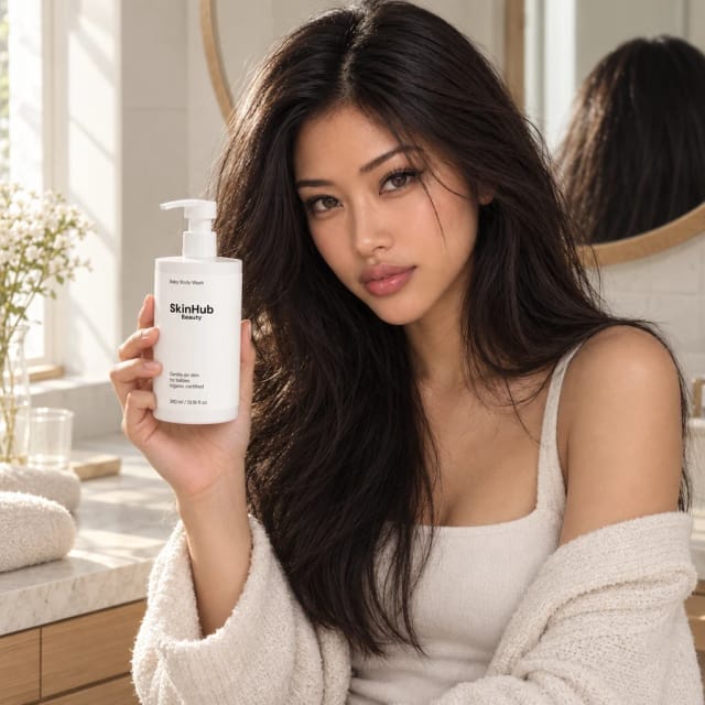 Skin Hub Beauty Baby Body Wash presented by Yuki, Trovemont's virtual model (AI-generated)