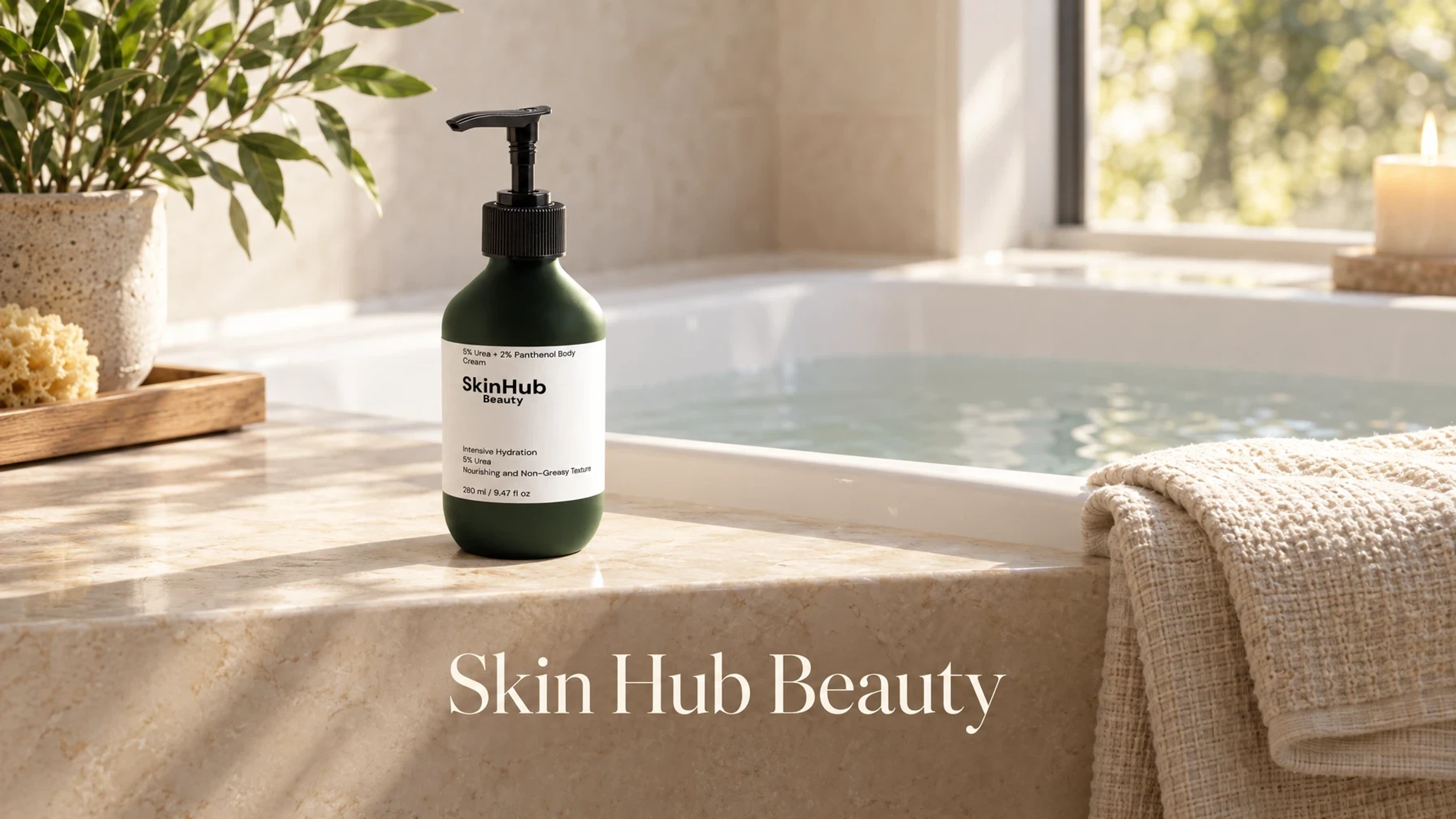 Skin Hub Beauty 5% Urea + 2% Panthenol Body Cream in a bright bathroom