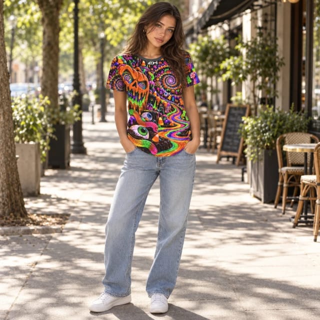 iEDM Acid Treat Men's T-Shirt worn by Rebecca, Trovemont's virtual model (AI-generated)