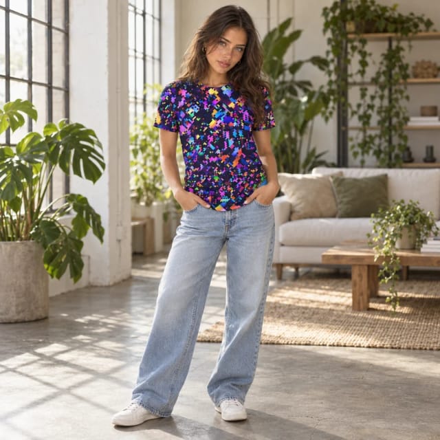 iEDM 8-Bit Confetti Men's T-Shirt worn by Rebecca, Trovemont's virtual model (AI-generated)