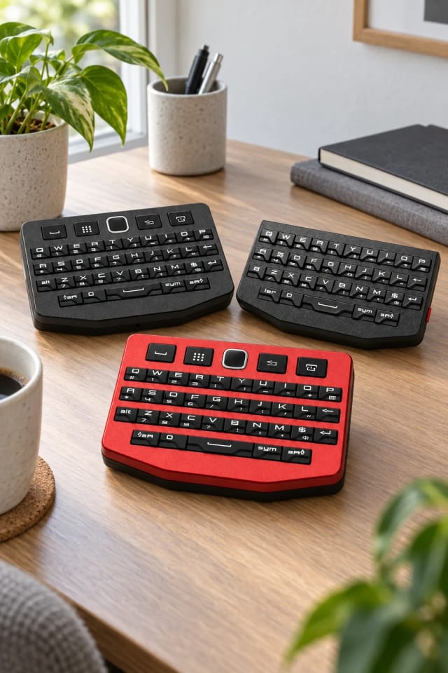 BBP9981KBD Pro Red Mini BlackBerry-Style Keyboard, BBP9981KBD Pro Mini BlackBerry-Style Keyboard and BBP9981KBD Lite Mini Black Berry Keyboard on a clean desk