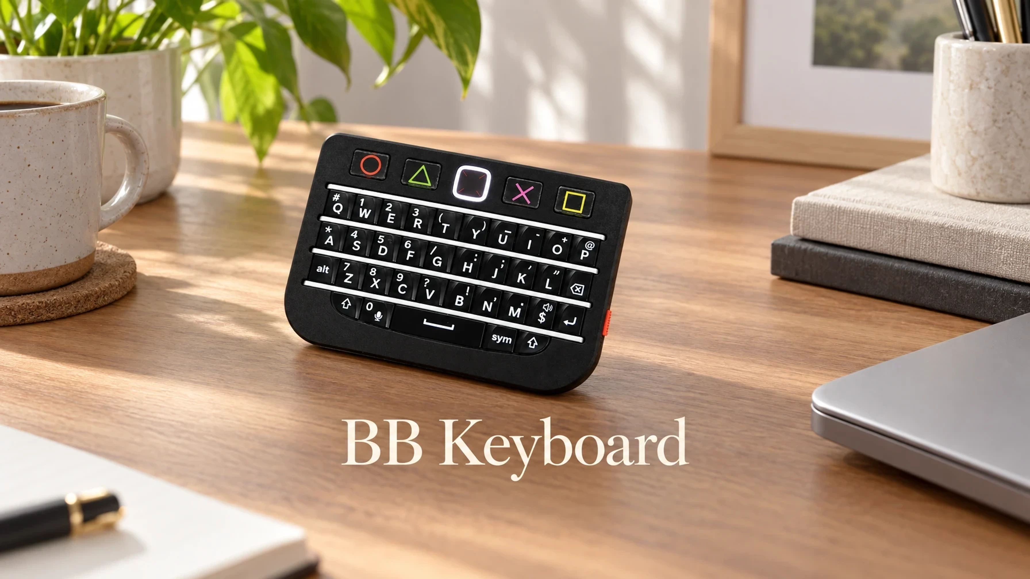 BBQ10KBD Pro Mini BlackBerry-Style Keyboard on a clean desk