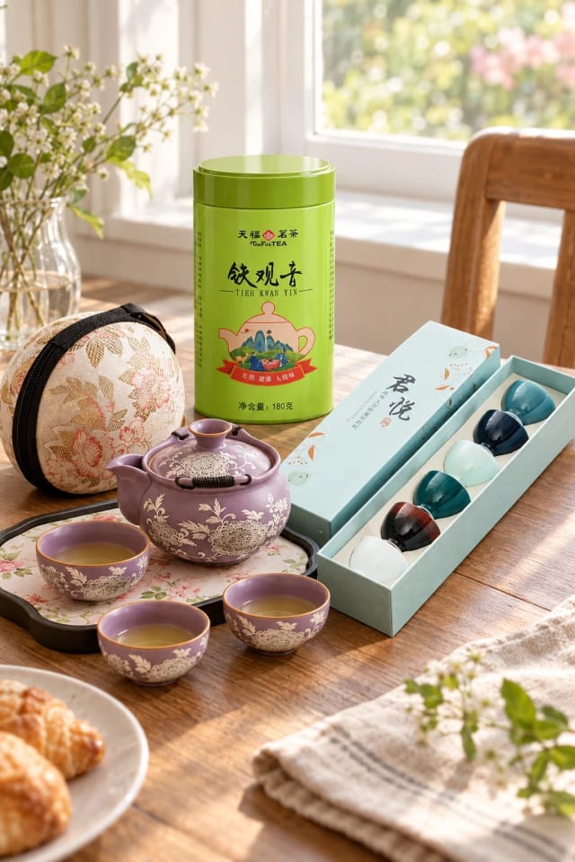 Yayitea Ceramic Teacup Set of 6 – Elegant Asian Tea Cups for Gongfu, Purple Ru Kiln Silver Gilded Peony Teapot – Travel Tea Set and Tieguanyin Oolong Tea 180g(6.35 oz) Vacuum Sealed Tin in a bright home
